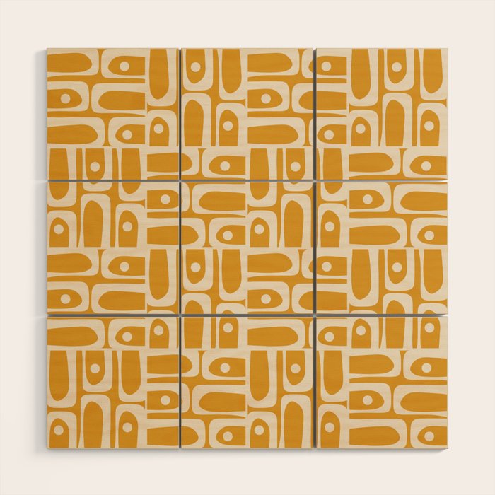 Mid Century Modern Piquet Abstract Multi Pattern Golden Ochre Mustard and Beige  Wood Wall Art Gallery Image 1