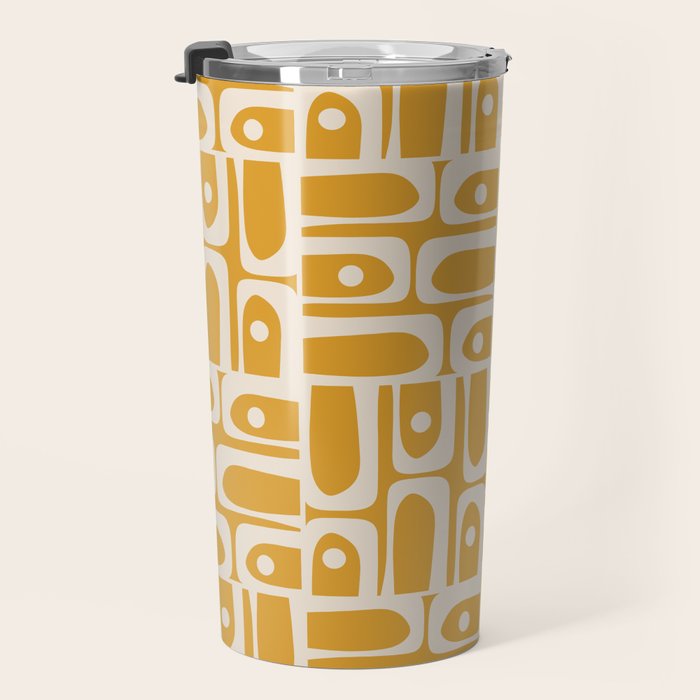 Mid Century Modern Piquet Abstract Multi Pattern Golden Ochre Mustard and Beige  Travel Mug Gallery Image 3