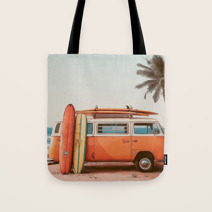 Surf Van I - Vintage Coastal Adventure Print Tote Bag Gallery Image 1