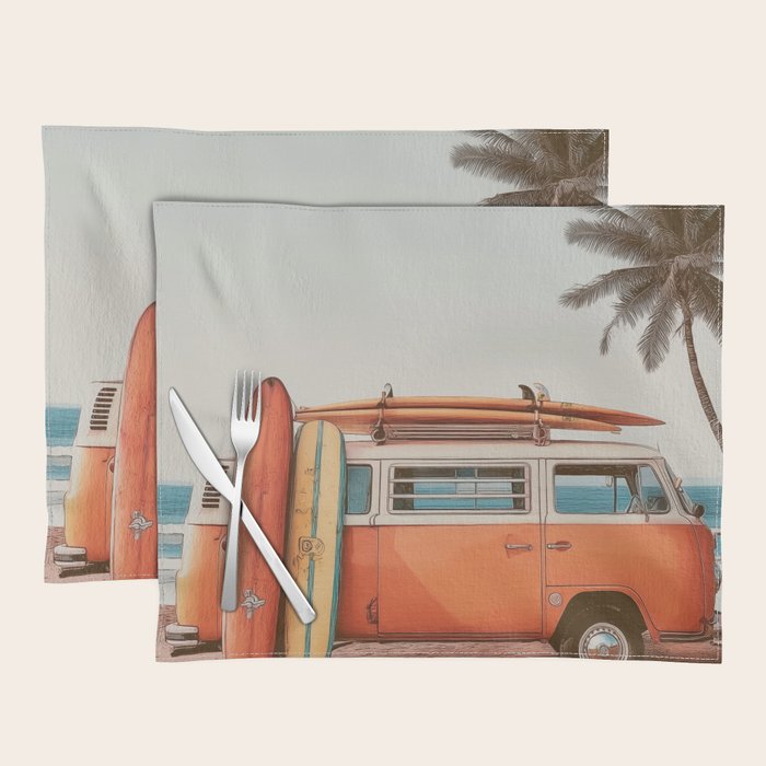 Surf Van I - Vintage Coastal Adventure Print Placemat Gallery Image 1