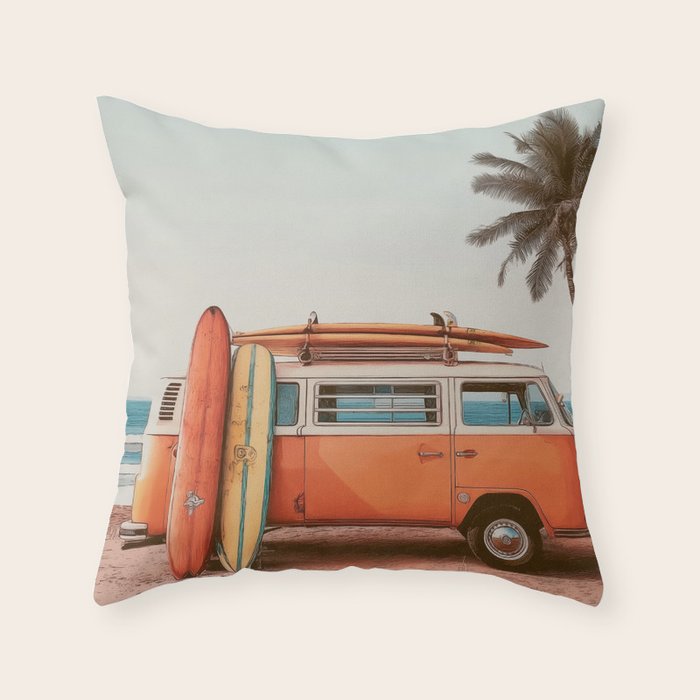 Surf Van I - Vintage Coastal Adventure Print Throw Pillow Gallery Image 1