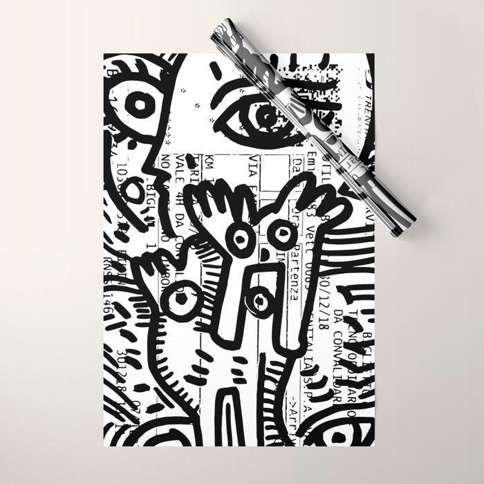 Creatures Graffiti Black and White on French Train Ticket Wrapping Paper Gallery Image 1