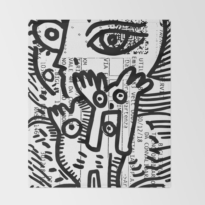 Creatures Graffiti Black and White on French Train Ticket Throw Blanket Gallery Image 2