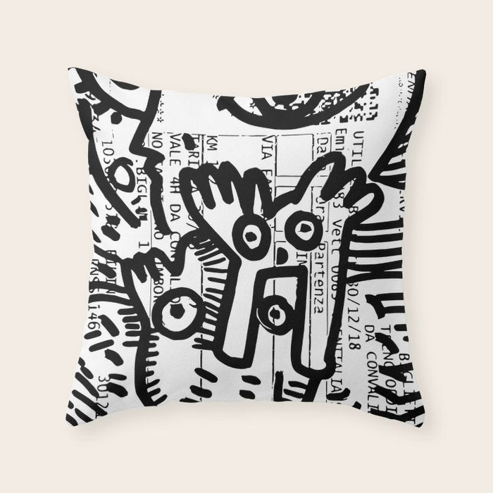 Creatures Graffiti Black and White on French Train Ticket Throw Pillow Gallery Image 6