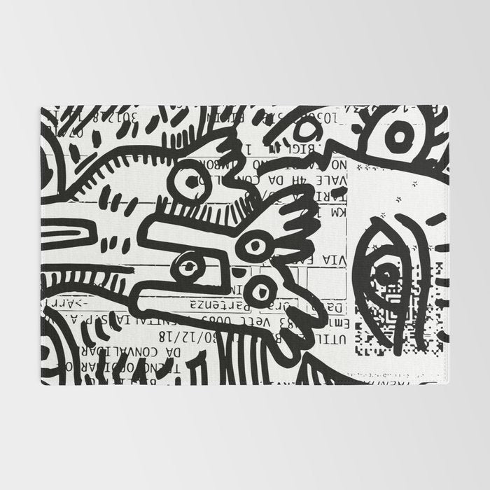Creatures Graffiti Black and White on French Train Ticket Rug Gallery Image 2