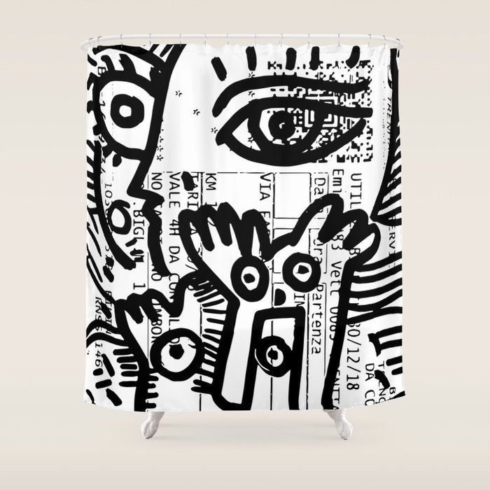 Creatures Graffiti Black and White on French Train Ticket Shower Curtain Gallery Image 1