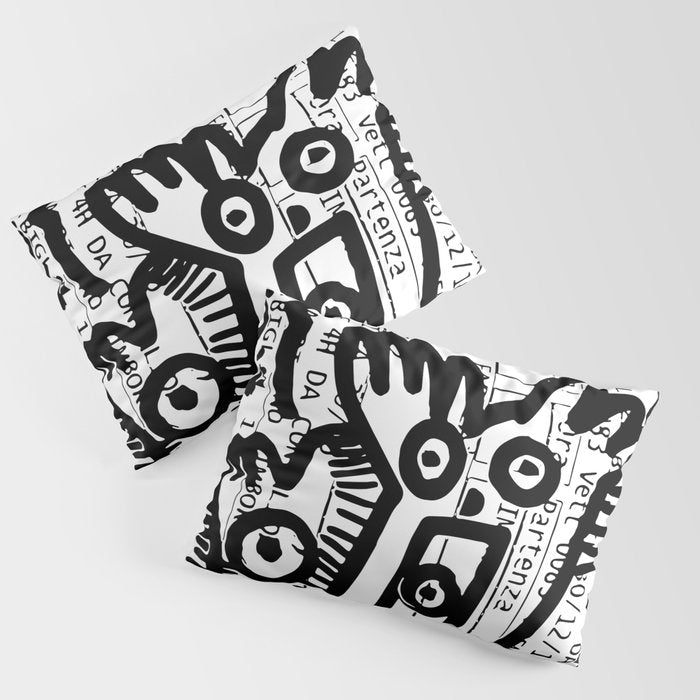 Creatures Graffiti Black and White on French Train Ticket Pillow Sham Gallery Image 1