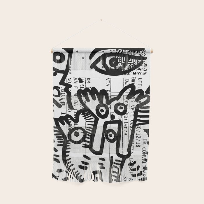 Creatures Graffiti Black and White on French Train Ticket Wall Hanging Gallery Image 1