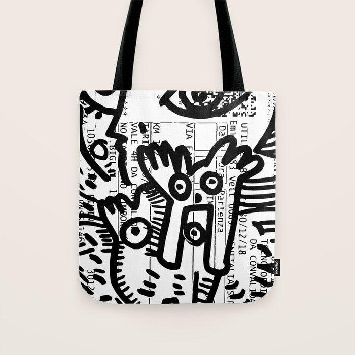 Creatures Graffiti Black and White on French Train Ticket Tote Bag Gallery Image 1