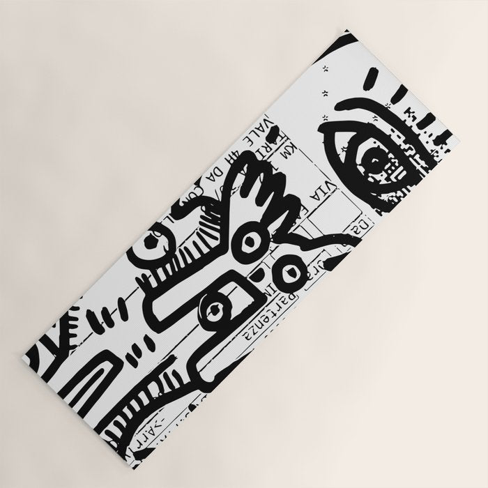 Creatures Graffiti Black and White on French Train Ticket Yoga Mat Gallery Image 1