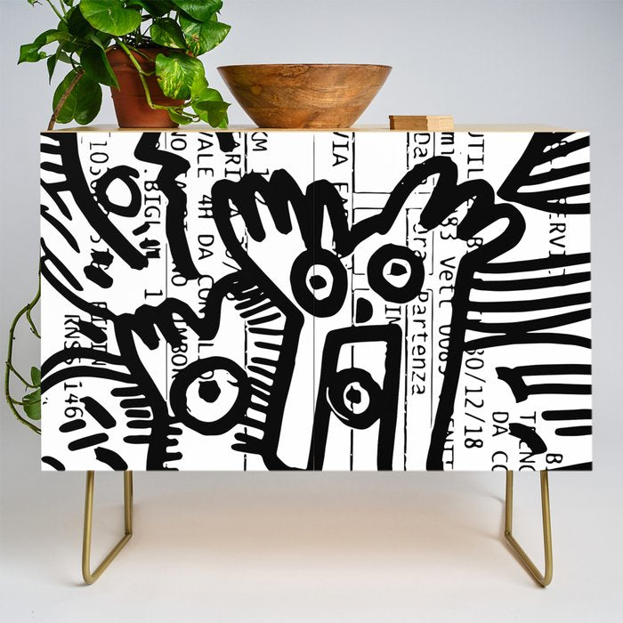 Creatures Graffiti Black and White on French Train Ticket Credenza Gallery Image 1