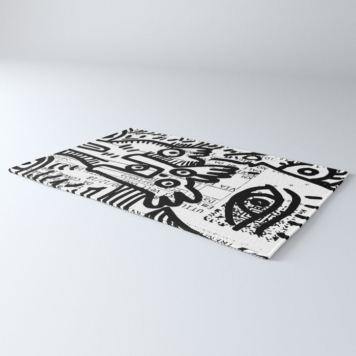 Creatures Graffiti Black and White on French Train Ticket Rug Gallery Image 3
