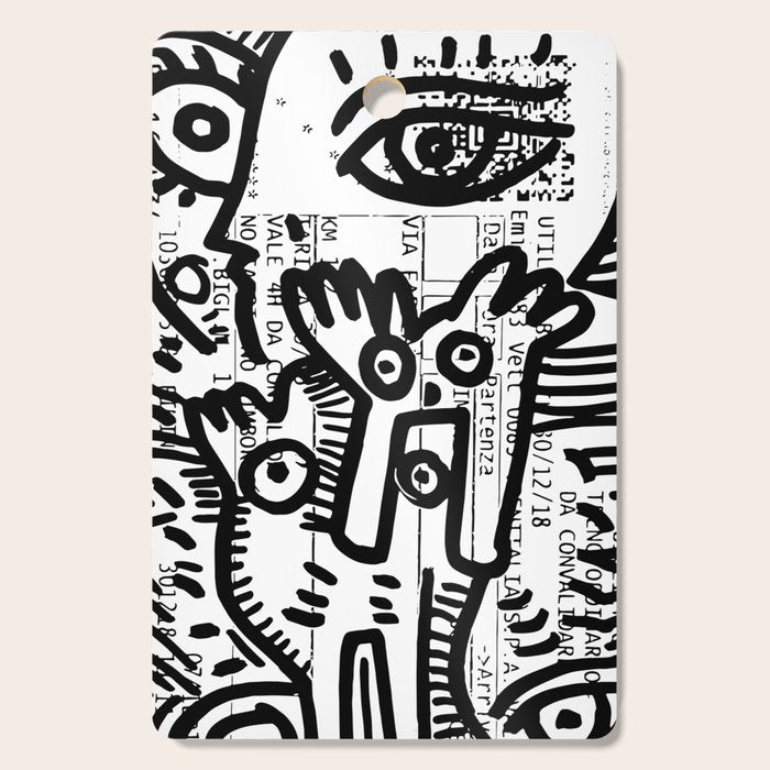 Creatures Graffiti Black and White on French Train Ticket Cutting Board Gallery Image 1