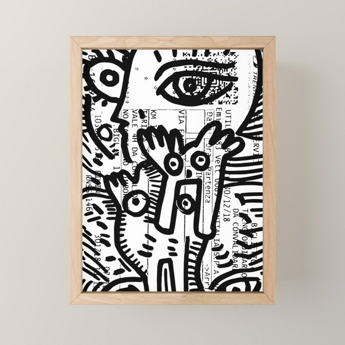 Creatures Graffiti Black and White on French Train Ticket Mini Art Print Gallery Image 1