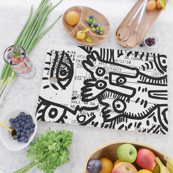 Creatures Graffiti Black and White on French Train Ticket Cutting Board Gallery Image 2