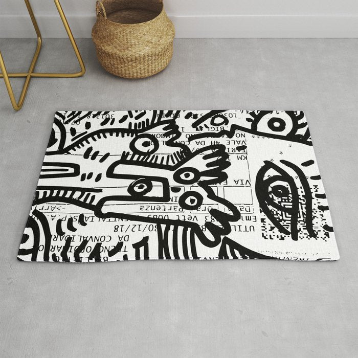 Creatures Graffiti Black and White on French Train Ticket Rug Gallery Image 1