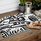Creatures Graffiti Black and White on French Train Ticket Outdoor Rug Gallery Image 2