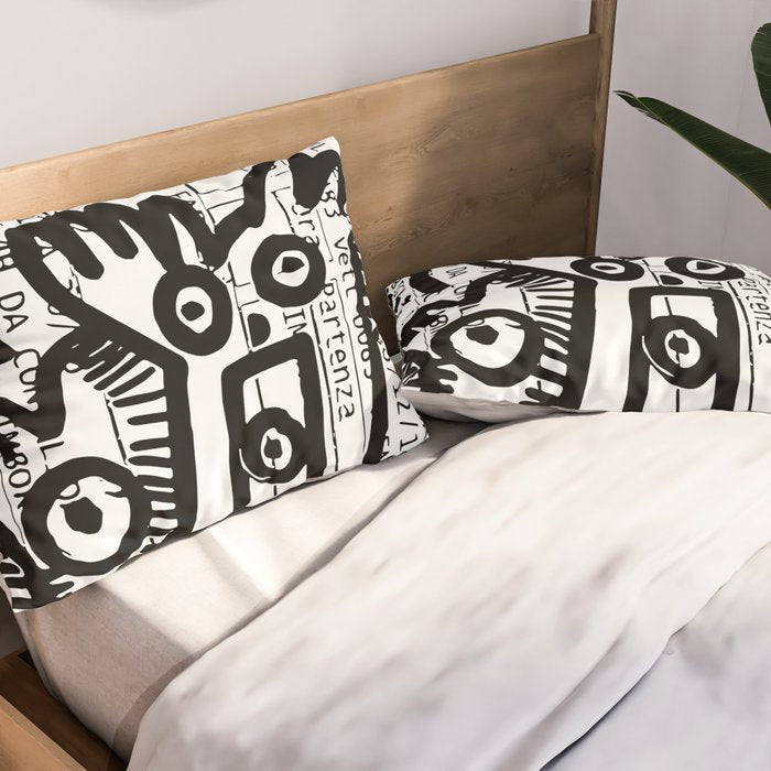 Creatures Graffiti Black and White on French Train Ticket Pillow Sham Gallery Image 2