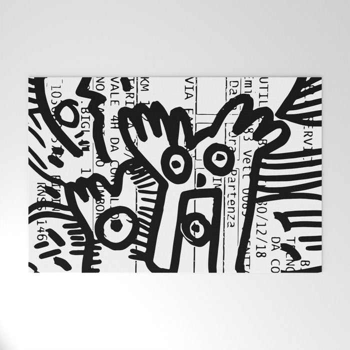 Creatures Graffiti Black and White on French Train Ticket Welcome Mat Gallery Image 1