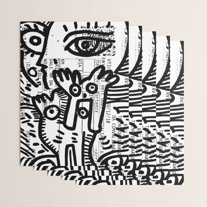 Creatures Graffiti Black and White on French Train Ticket Wrapping Paper Gallery Image 3
