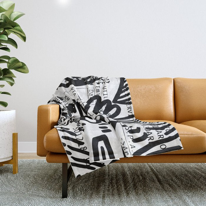 Creatures Graffiti Black and White on French Train Ticket Throw Blanket Gallery Image 1