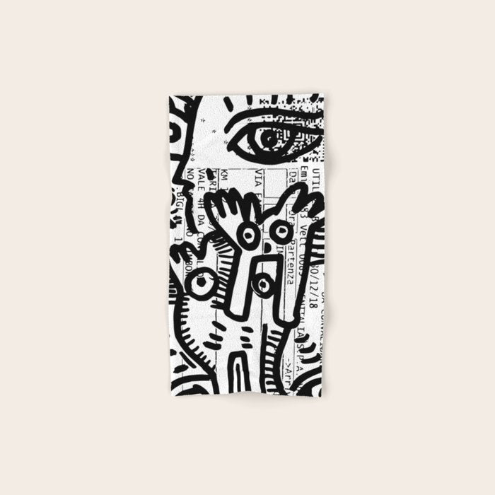 Creatures Graffiti Black and White on French Train Ticket Towels Gallery Image 1