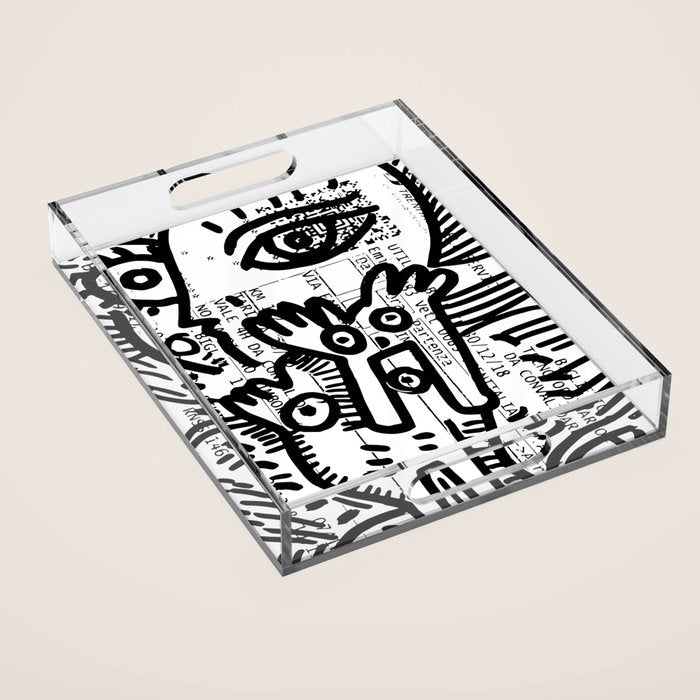 Creatures Graffiti Black and White on French Train Ticket Acrylic Tray Gallery Image 1