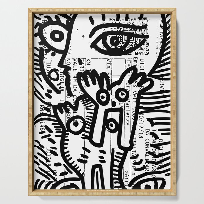 Creatures Graffiti Black and White on French Train Ticket Serving Tray Gallery Image 1