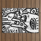 Creatures Graffiti Black and White on French Train Ticket Outdoor Rug Gallery Image 1