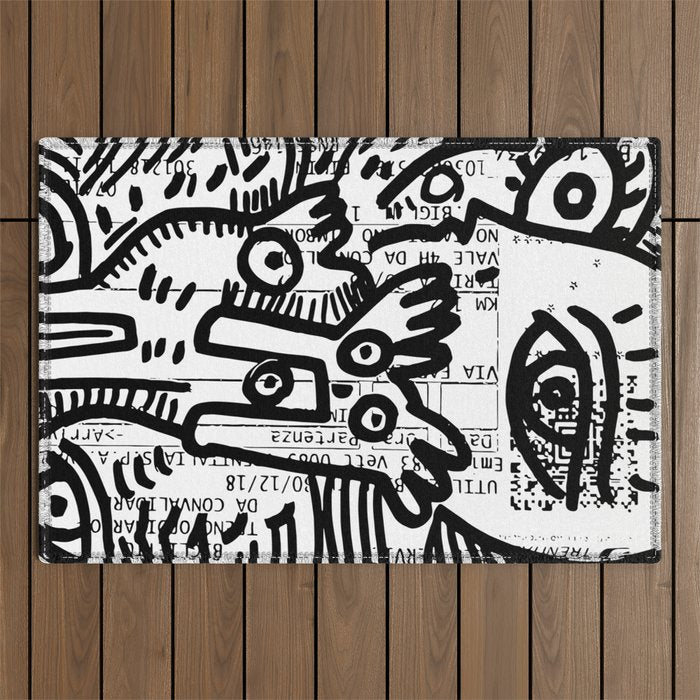 Creatures Graffiti Black and White on French Train Ticket Outdoor Rug Gallery Image 1