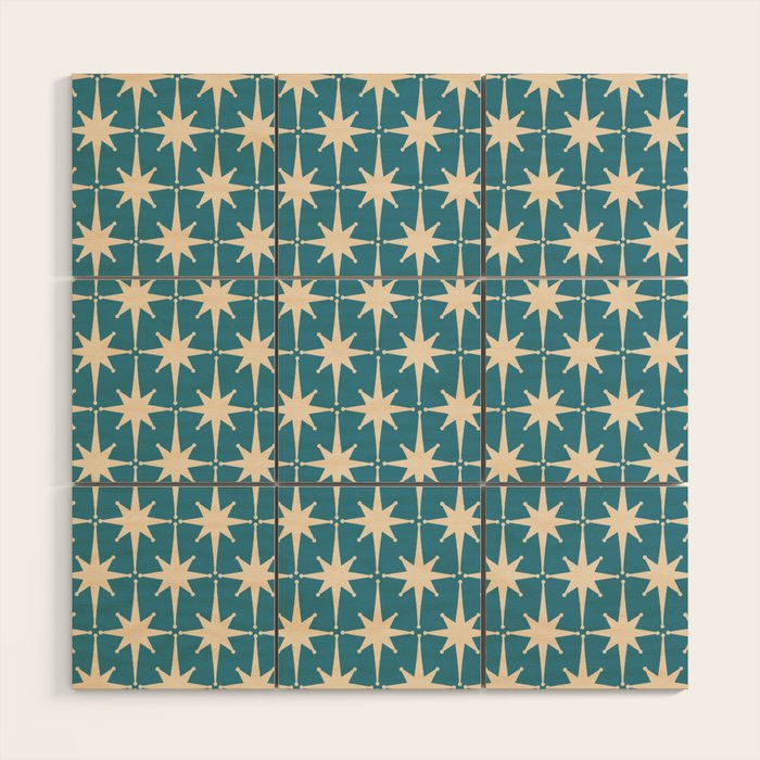 Atomic Age Retro Midcentury Starburst Pattern in Cream and 50s Blue Wood Wall Art Gallery Image 1