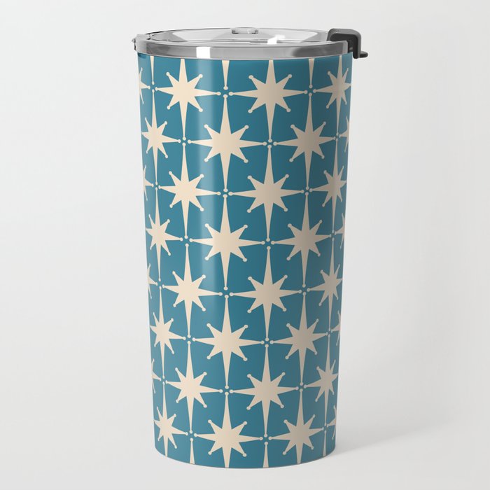 Atomic Age Retro Midcentury Starburst Pattern in Cream and 50s Blue Travel Mug Gallery Image 2