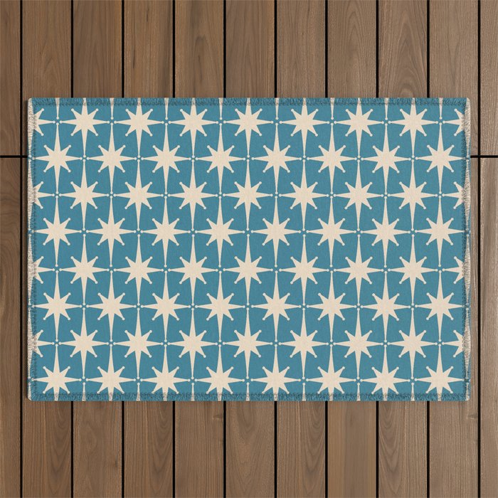 Atomic Age Retro Midcentury Starburst Pattern in Cream and 50s Blue Outdoor Rug Gallery Image 1