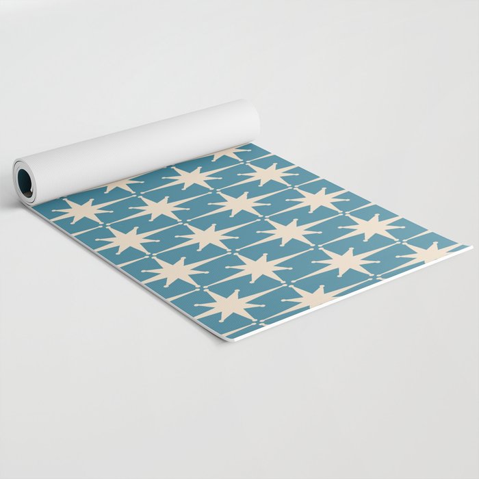 Atomic Age Retro Midcentury Starburst Pattern in Cream and 50s Blue Yoga Mat Gallery Image 2