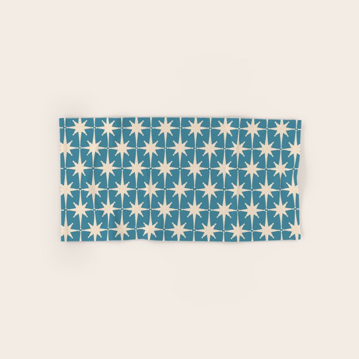 Atomic Age Retro Midcentury Starburst Pattern in Cream and 50s Blue Bath Towel Gallery Image 1