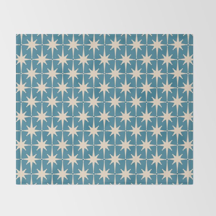Atomic Age Retro Midcentury Starburst Pattern in Cream and 50s Blue Throw Blanket Gallery Image 2