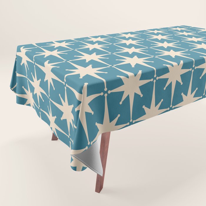 Atomic Age Retro Midcentury Starburst Pattern in Cream and 50s Blue Tablecloth Gallery Image 1
