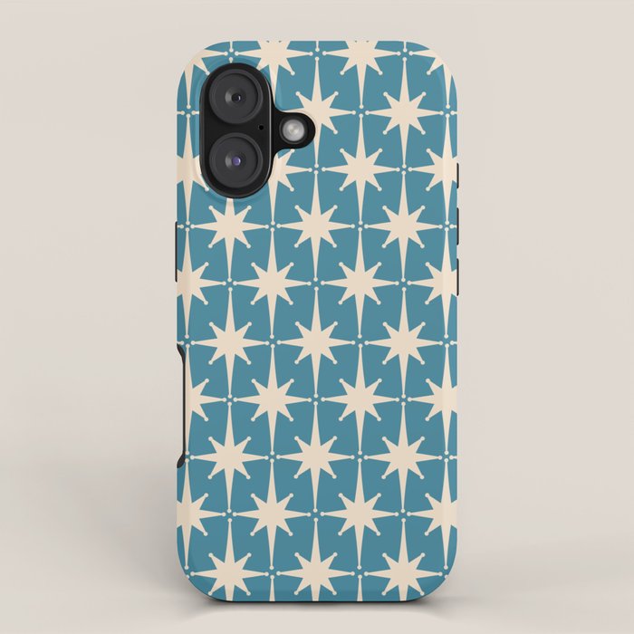 Atomic Age Retro Midcentury Starburst Pattern in Cream and 50s Blue iPhone Case Gallery Image 1