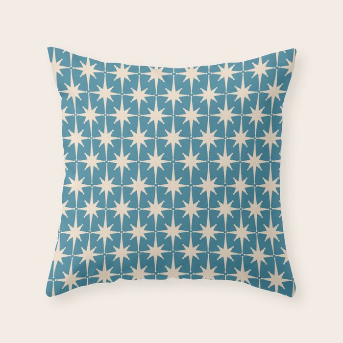 Atomic Age Retro Midcentury Starburst Pattern in Cream and 50s Blue Throw Pillow Gallery Image 1