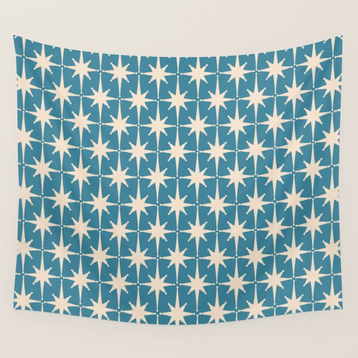 Atomic Age Retro Midcentury Starburst Pattern in Cream and 50s Blue Wall Tapestry Gallery Image 1