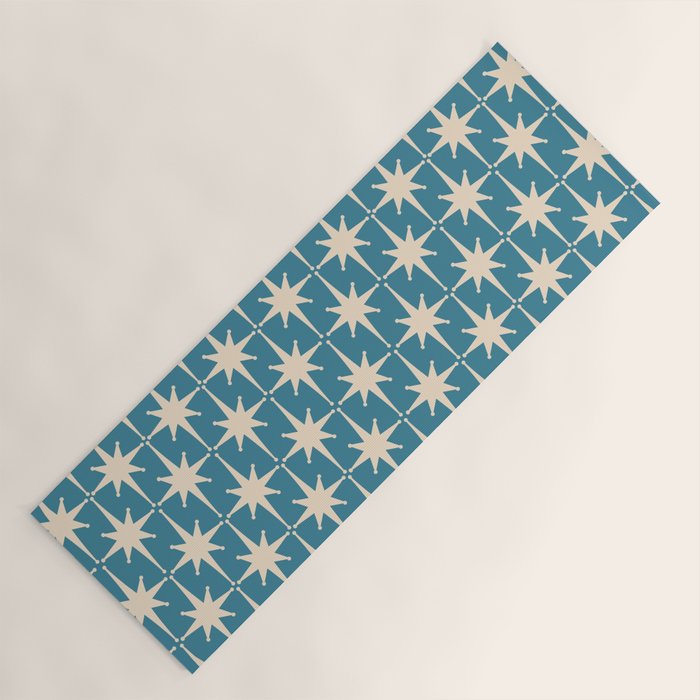 Atomic Age Retro Midcentury Starburst Pattern in Cream and 50s Blue Yoga Mat Gallery Image 1
