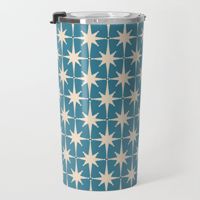 Atomic Age Retro Midcentury Starburst Pattern in Cream and 50s Blue Travel Mug Gallery Image 3