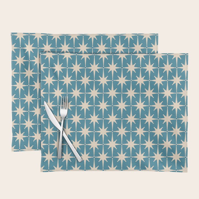 Atomic Age Retro Midcentury Starburst Pattern in Cream and 50s Blue Placemat Gallery Image 1