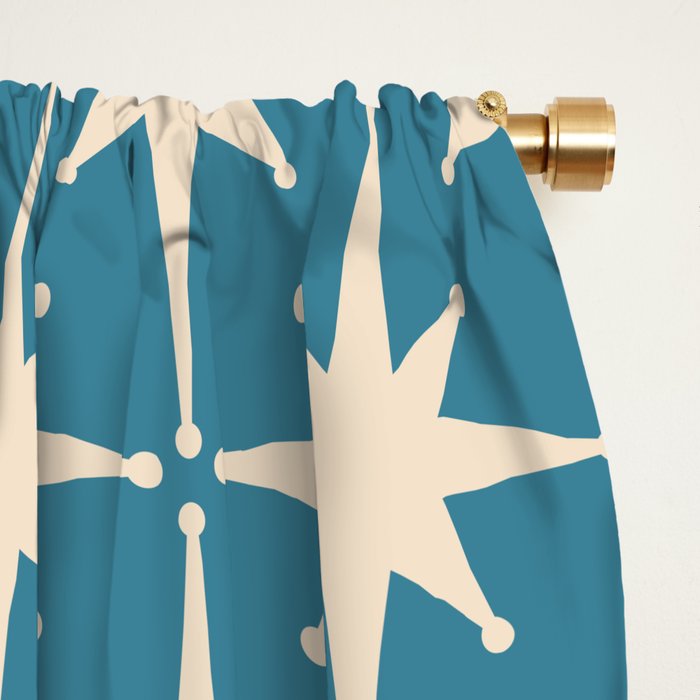 Atomic Age Retro Midcentury Starburst Pattern in Cream and 50s Blue Window Curtain Gallery Image 2