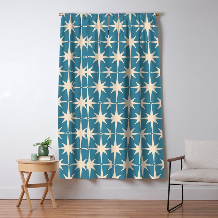Atomic Age Retro Midcentury Starburst Pattern in Cream and 50s Blue Window Curtain Gallery Image 1