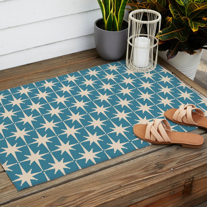 Atomic Age Retro Midcentury Starburst Pattern in Cream and 50s Blue Outdoor Rug Gallery Image 2