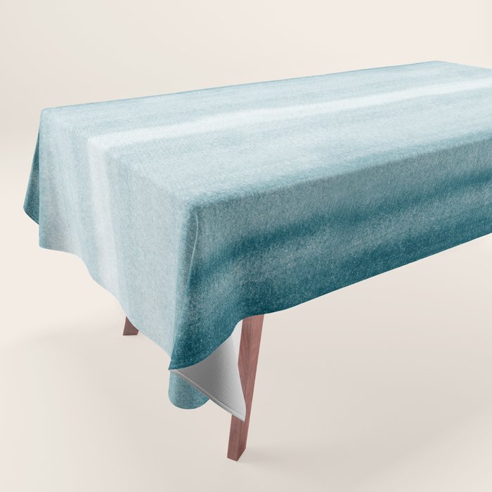Tropical Dark Teal Inspired by Sherwin Williams 2020 Trending Color Oceanside SW6496 Watercolor Brush Strokes Horizontal Lines Pattern Tablecloth Gallery Image 1