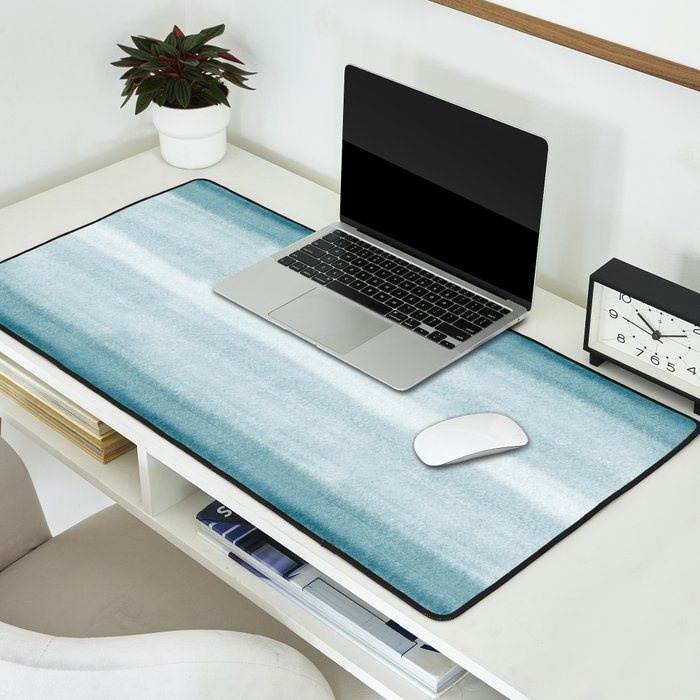 Tropical Dark Teal Inspired by Sherwin Williams 2020 Trending Color Oceanside SW6496 Watercolor Brush Strokes Horizontal Lines Pattern Desk Mat Gallery Image 2
