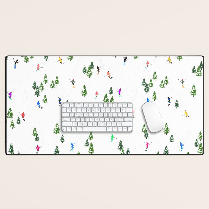 Downhill Mountain Aerial View Skiers - Winter skiing illustration Desk Mat Gallery Image 1
