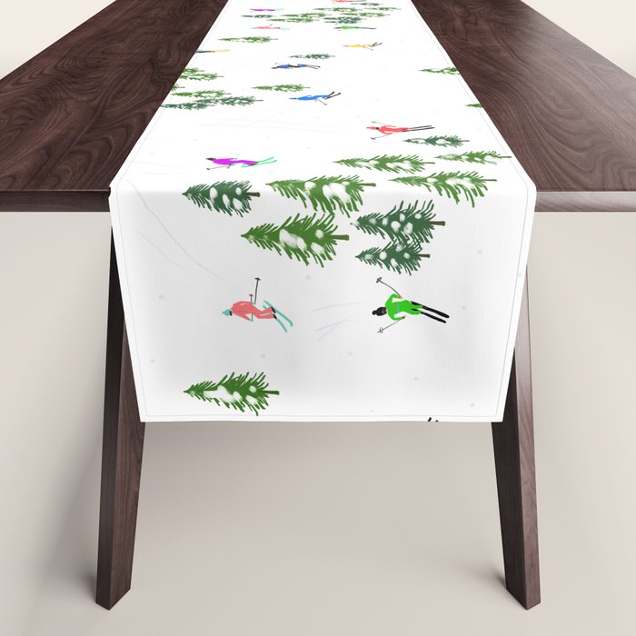 Downhill Mountain Aerial View Skiers - Winter skiing illustration Table Runner Gallery Image 1